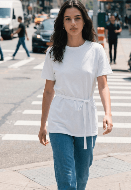 Beyaz Pamuklu Bağlama Detaylı Tişört