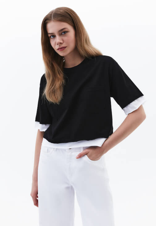 Siyah Sıfır Yaka Crop Tişört