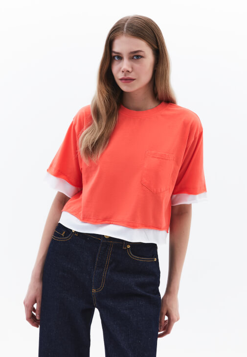 Turuncu Sıfır Yaka Crop Tişört