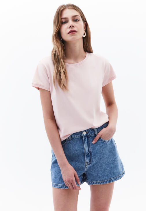 Pembe Pamuklu Sıfır Yaka Tişört