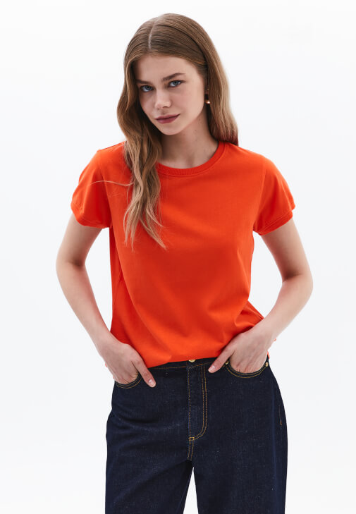 Turuncu Pamuklu Sıfır Yaka Tişört