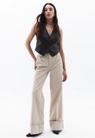 Bayan Bej Yüksek Bel Wide-Leg Pantolon