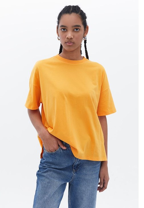 Turuncu Sıfır Yaka Oversize Tişört
