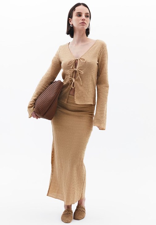 Bej Yüksek Bel Yırtmaçlı Etek