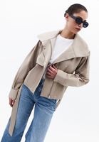 Bayan Bej Kemer Detaylı Oversize Trençkot