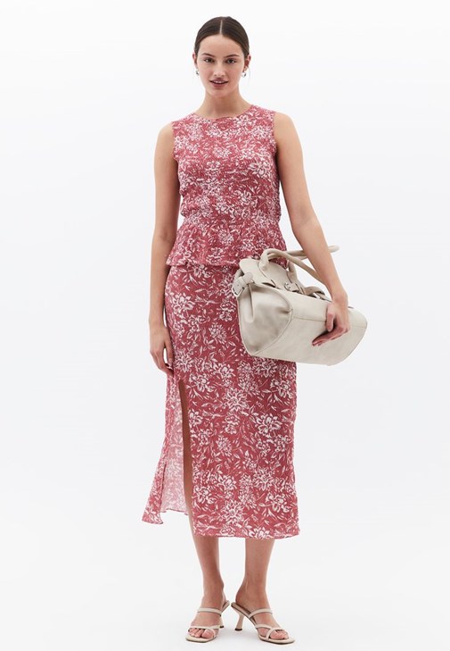 Çok Renkli Yüksek Bel Yırtmaçlı Midi Etek