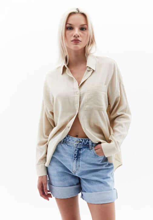 Bej Oversize Cepli Gömlek