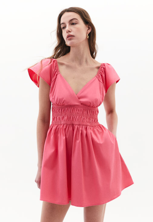 Pembe V Yaka Gipeli Mini Elbise