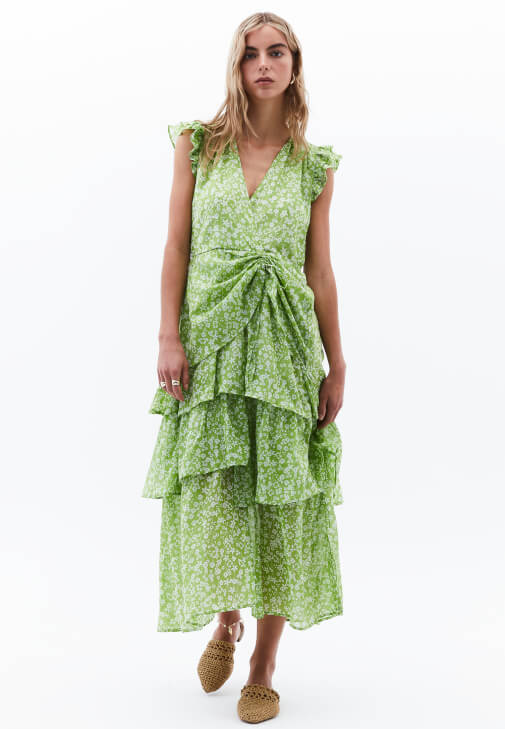 Çok Renkli Fırfırlı Uzun Elbise