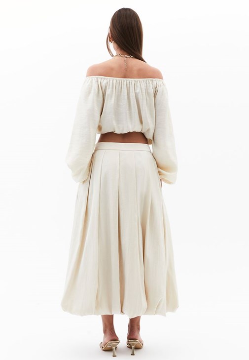 Pileli Balon Etek ve Balon Kollu Bluz Kombini