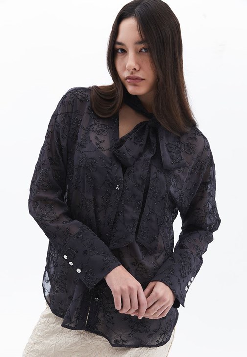 Antrasit İşleme Detaylı Oversize Gömlek