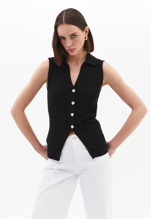 Siyah Ajurlu Triko Yelek