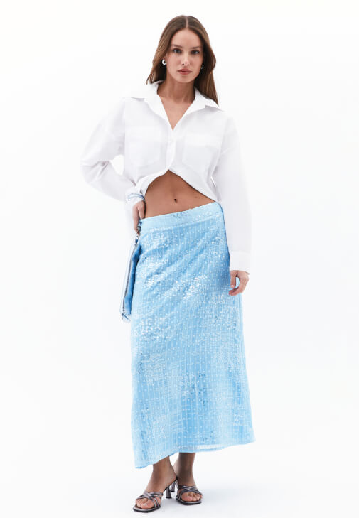 Yüksek Bel Payetli Midi Etek