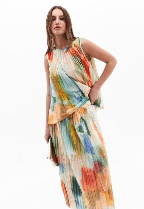 Çok Renkli Desenli Pileli Bluz