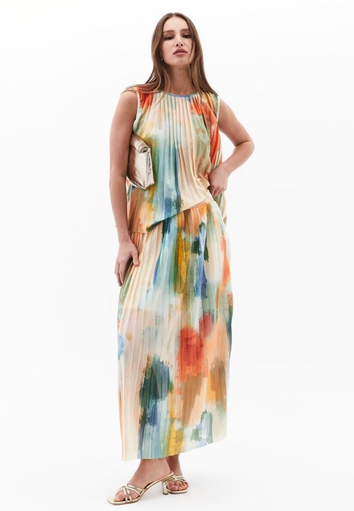 Pileli Bluz ve Etek Kombini