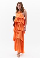 Bayan Turuncu Halter Yaka Uzun Elbise