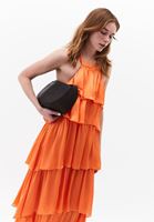 Bayan Turuncu Halter Yaka Uzun Elbise