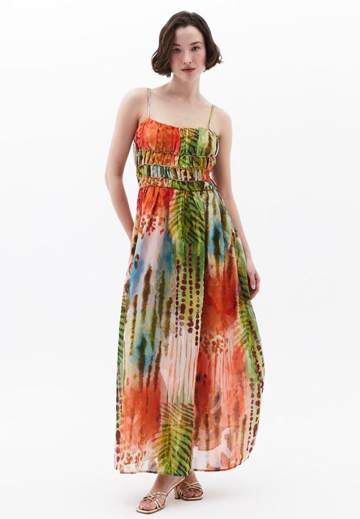 Çok Renkli Askılı Uzun Elbise