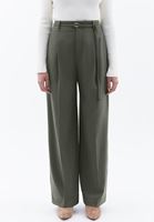 Bayan Yeşil Kemer Detaylı Straight-Fit Pantolon
