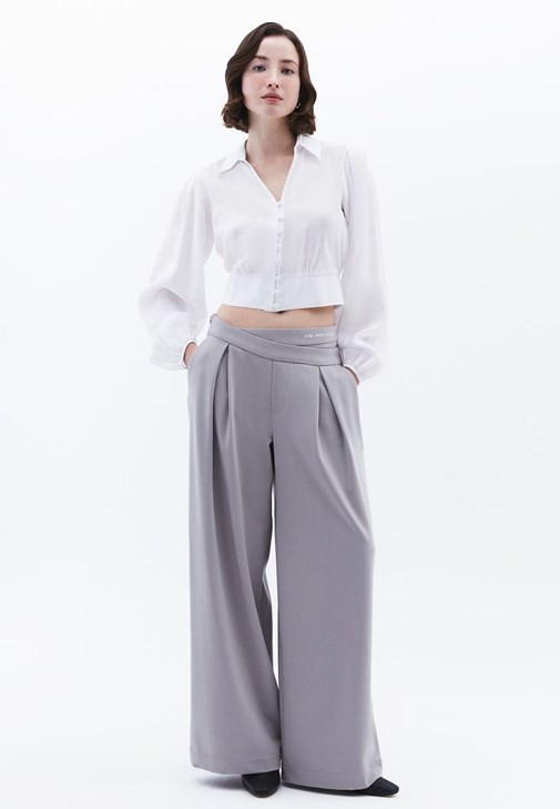 Gri Yüksek Bel Wide-Leg Pantolon