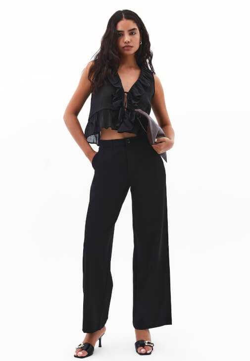 Siyah Orta Bel Straight-Fit Pantolon