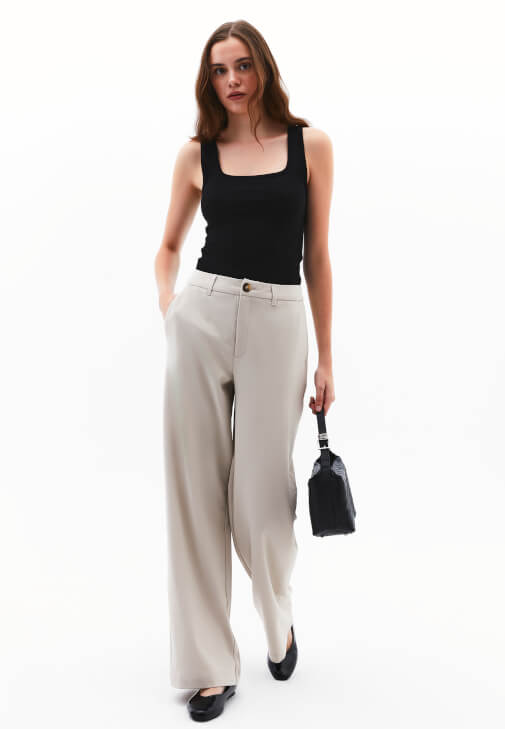 Bej Orta Bel Straight-Fit Pantolon