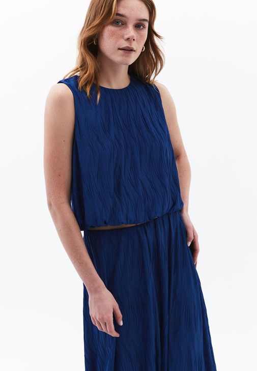 Mavi Pileli Crop Bluz