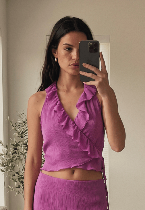 Lila Kruvaze Yaka Bluz