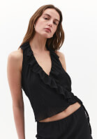 Women Black V-Neck Ruffle Detail Blouse