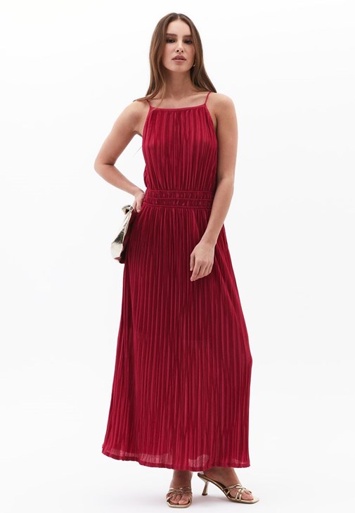 Pembe Halter Yaka Pileli Elbise