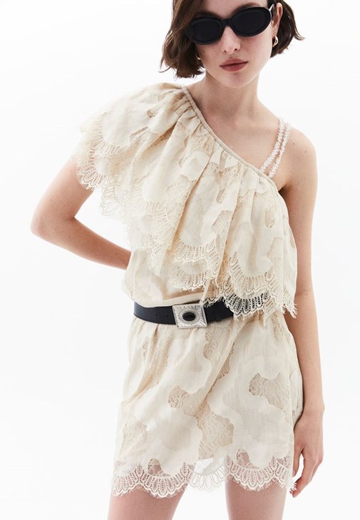 Krem Volanlı Dantel Mini Elbise