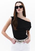 Women Black Boat Neck Blouse with Gathered Detail