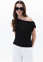 Women Black Boat Neck Blouse with Gathered Detail