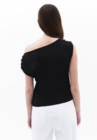 Women Black Boat Neck Blouse with Gathered Detail