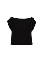 Women Black Boat Neck Blouse with Gathered Detail