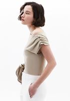 Women Beige Boat Neck Blouse with Gathered Detail