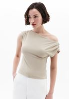 Women Beige Boat Neck Blouse with Gathered Detail