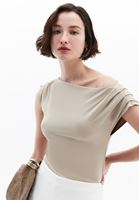Women Beige Boat Neck Blouse with Gathered Detail
