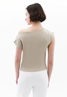 Women Beige Boat Neck Blouse with Gathered Detail