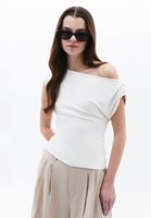 Women Cream Boat Neck Blouse with Gathered Detail