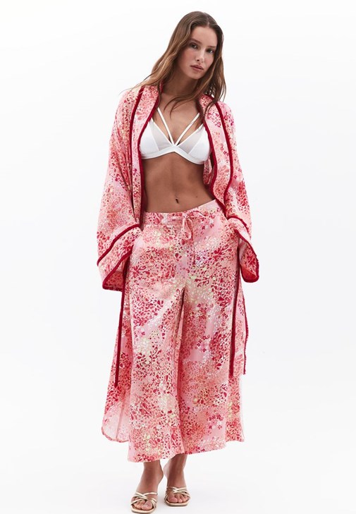 Çok Renkli Yüksek Bel Culotte Saten Pantolon