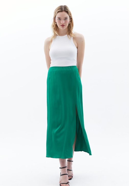 Yeşil Yüksek Bel Saten Midi Etek