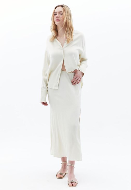 Krem Yüksek Bel Saten Midi Etek