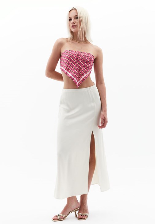  Yüksek Bel Saten Midi Etek