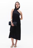 Bayan Siyah Yaka Detaylı Saten Elbise