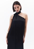 Bayan Siyah Yaka Detaylı Saten Elbise