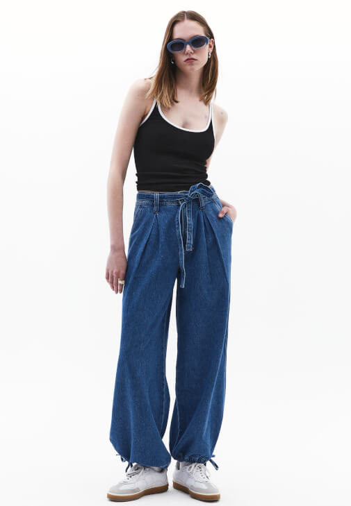 Mavi Yüksek Bel Balon Pantolon