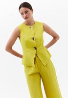 Bayan Yeşil Keten Karışımlı Düğmeli Yelek ( TENCEL™ )