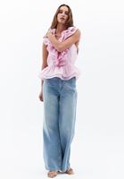 Bayan Pembe Keten Karışımlı Fırfırlı Bluz ( TENCEL™ )