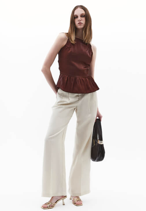 Krem Keten Karışımlı Wide-Leg Pantolon ( TENCEL™ )